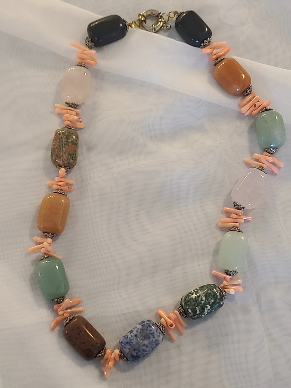 Vintage Multi- Gemstone Bead Necklace with Coral Accents 21" - Picture 2 of 8